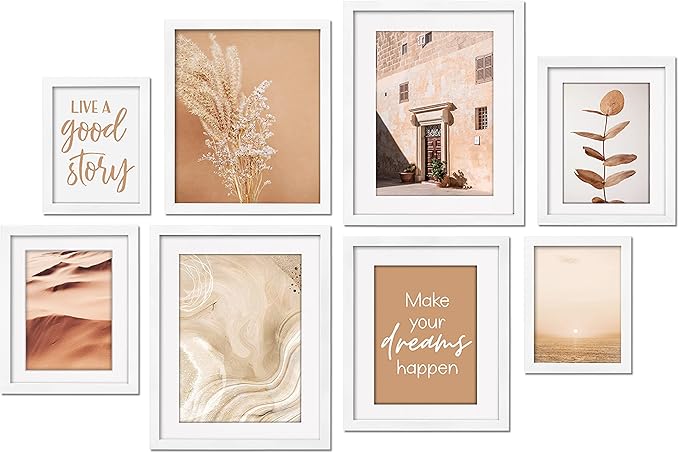 ArtbyHannah Gallery Wall Frame Set for Living Room, White Picture Frames Collage Wall Decor with Neutral Art Prints for Stairway, Dining Room, 8 Pack Assorted Size-11"x14", 8"x10", 6"x8"