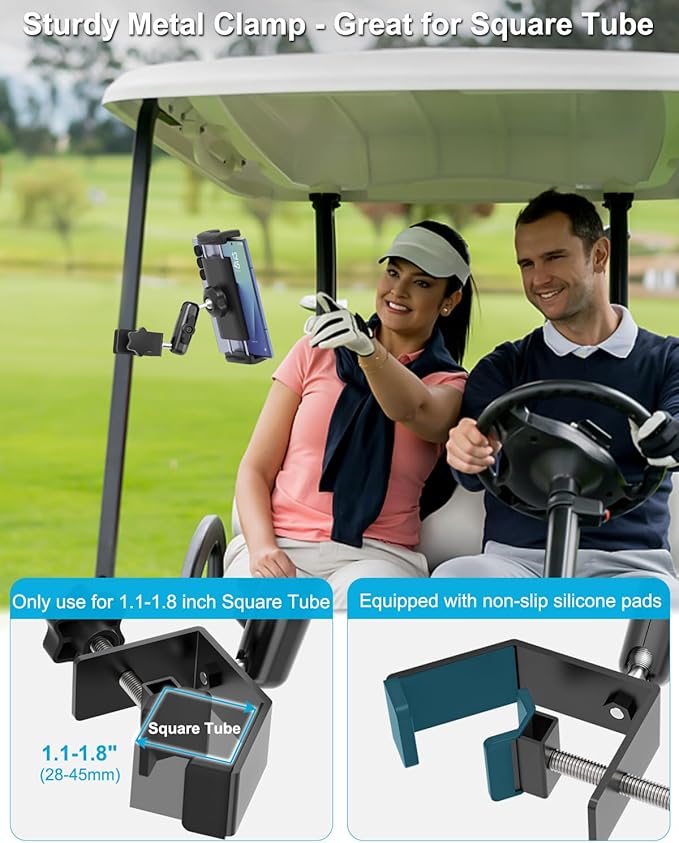 Z Fold Golf Cart Mount, [Metal Square Clip] Golf Cart Tablet Phone Holder, 360° Swivel Tablet Phone Clamp for EZGO/Club Car/Yamaha, Fits Galaxy Z Fold 7 6 5 4 3 2, Pixel Fold, 4-13" Device