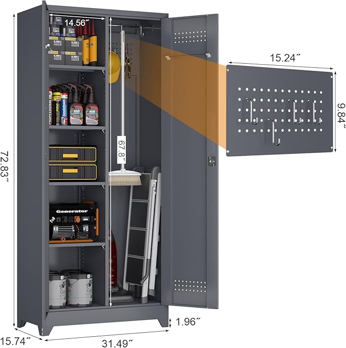 GREATMEET 72.8" H Utility Closet, Broom Closet Storage Cabinet with Adjustable Shelves and Pegboard, Utility Cabinet for Brooms and Mops, Grey