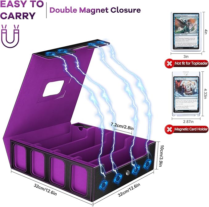 Trading Card Storage Box - 3200+ MTG Deck Box with Commander Display & Portable Handle, 4-Row Card Case Compatible for MTG/TCG/Magic Cards, 30 Colorful Divider, 8 Card Supporters (Black & Purple)