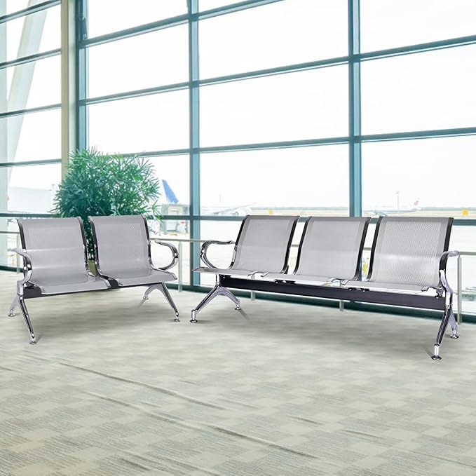5-Seat Waiting Room Chairs Sofa Furniture - Waiting Room Bench with Arms Airport Reception Bench Guest Reception Chairs Lobby Bench Waiting Area for Airport Market Bank Hospital School, Silver