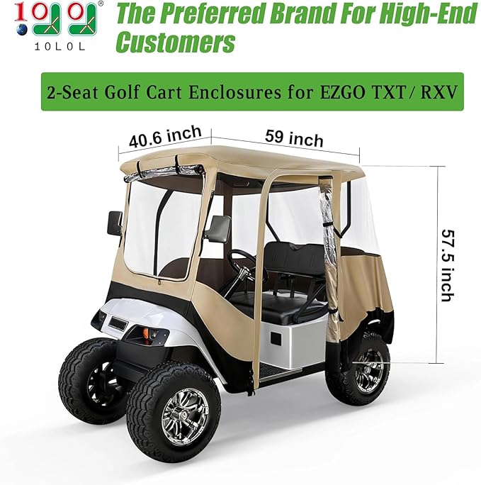 10L0L 2/4 Passenger Golf Cart Driving Enclosure for EZGO TXT/RXV Model, 4-Sided Clear Window 600D Rain Cover All Weather Windproof Waterproof - Black/Beige