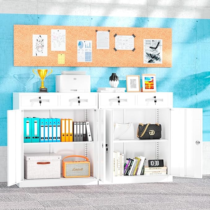 INTERGREAT Metal Garage Storage Cabinet, 36" Locking Counter Cabinet with 2 Locking Doors and 2 Adjustable Shelves, Small Steel Cabinet for for Home Office, Gym, School(White)