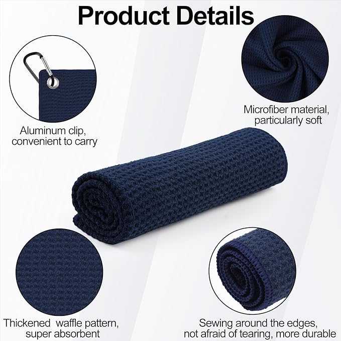 3 Pack 16" X 16" Golf Towels for Golf Bags for Men, Premium Waffle-Pattern Golf Towel with Carabiner Clip, Super Absorbent Microfiber Towel, Golf Accessories for Men, 3 Dark-Blue Colors