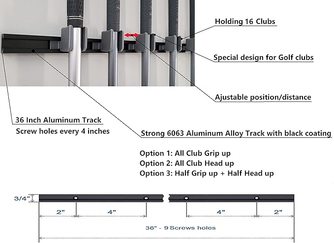 [JINTECH] Golf Club Holder, Wall Display, Wall Hanger, Rack, Mount, Organizer, Hold 17 Clubs on 36" Aluminum Rack (All Grip up)