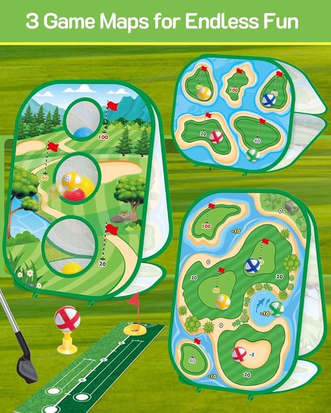 4-in-1 Kids Sticky Golf Games Set with Club, Golf Putting Practice Mat,3-Sided Golf Chipping Net, Multiple Game Modes, Golf Cornhole Board Set