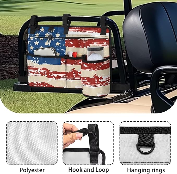American Flag Golf Cart Bag, Golf Cart Rear Seat Organizer with Open Pockets for Golf Balls & Bottles