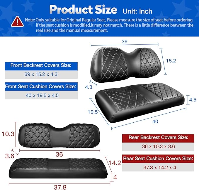 NOKINS Golf Cart Seat Covers for Club Car Precedent, Vinyl Front&Rear Seat Cover with Flip-Up Armrests kit, with Cup Holder, for 1" Square Tube (Black&Black Stitching)