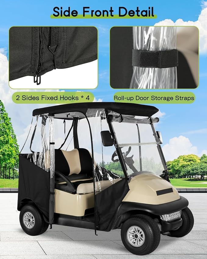 Golf Cart Enclosure 2 Passenger for Club Car Precedent Tempo Onward 2-Person Seaters 600D Waterproof Transparent Driving Rain Cover with 4-Sided Clear Windows Mirror Zipper Roll-Up Door Black