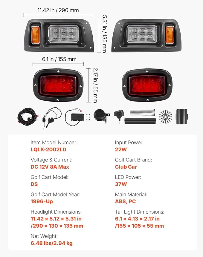 VEVOR Golf Cart Light Kit, 12 Volt, Street Legal LED Headlight and Taillight Kit with Wiring Harness, Turn Signals, Hazard Light, Switch Horn, Brake Pad, Zip Ties, ABS Housing, for Club Car DS 1993-Up