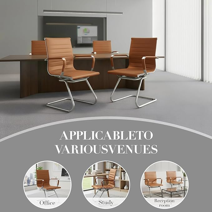 CIMOTA Waiting Room Chairs Leather Office Guest Chair Mid Back Reception Chairs with Sled Base for Meeting/Patient/Conference Room, Brownish Yellow Set of 8