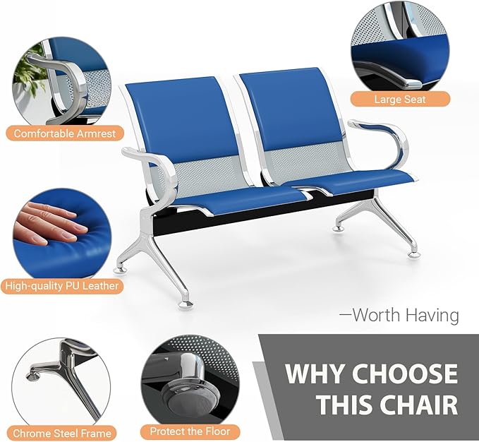 Kinfant 2-Seat PU Leather Waiting Room Bench – Blue Reception Chair for Office, Hospital, Bank, Salon, Airport