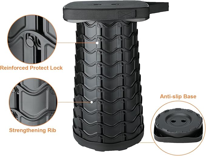 Boreeman Upgraded Collapsible Stool, Square Portable Stool, Lightweight Yet More Sturdy with Load Capacity 400lbs, Perfect for Camping Fishing Hiking BBQ (1, 2-Pack Black)