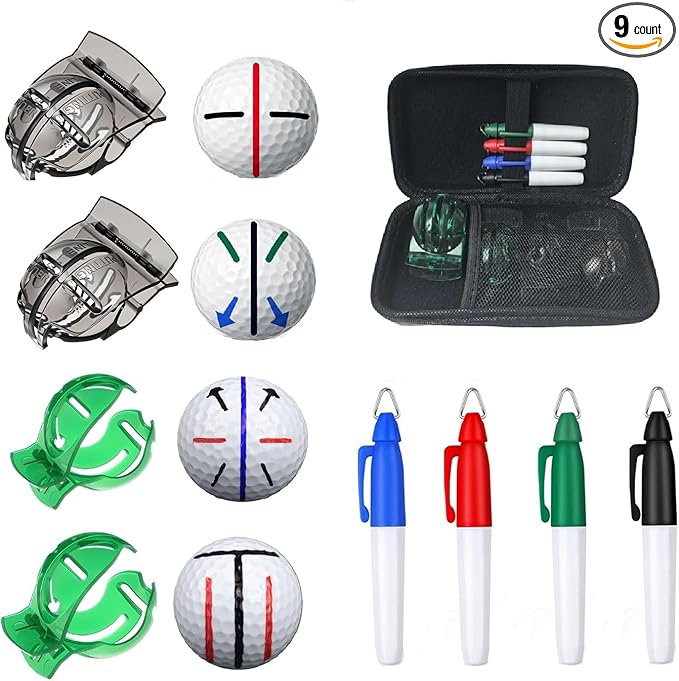 Golf Ball Line Marker Tool, 4pcs Golf Ball Marker Stencil with 4 Colors Golf Ball Markers, Golf Ball Alignment Drawing Tool with a Organizer Case