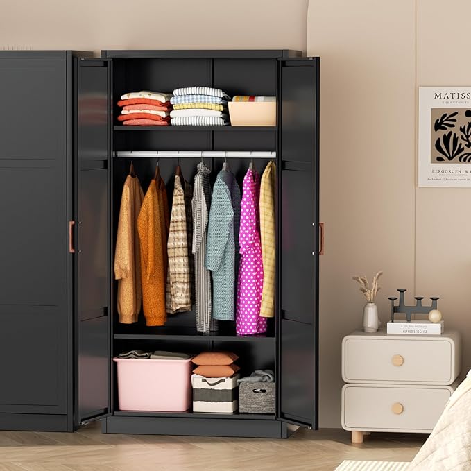 Greenvelly Metal Wardrobe Cabinet with Wooden Handle, 72" Black Metal Wardrobe Closet with Hanging Rods and Adjustable Shelves, Clothing Storage Closet Cabinet for Bedroom, Cloak Room, Laundry Room