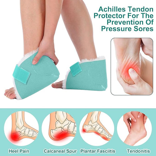 2 Pcs Heel Protectors for Pressure Sores Sheepskin Heel Pads Soft Foot Cushions Pad Protectors Adjustable Foot Pillows with Securing Strap for Bed Sore Ankle Ulcers(Teal)