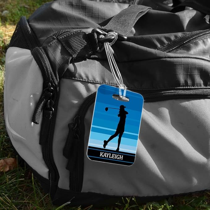 ChalkTalkSPORTS Golf Luggage & Bag Tag | Personalized Female Golfer | Standard Lines on Back | Medium | Blue