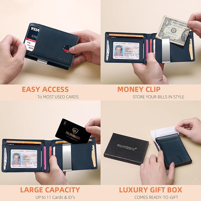 RUNBOX Money Clip Wallets for Men,Slim Leather Mens Bifold Wallet,RFID Blocking Front Pocket Wallet,Thin Credit Card Holder with Gift Box