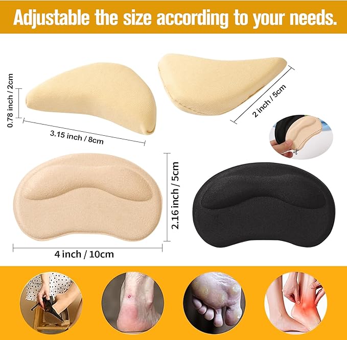 8 Pcs Shoe Fillers & Heel Pads for Loose or Too Big Shoes – Toe Cushions & Heel Grips for Women and Men, Comfort Insoles for Heels, Sneakers, Boots – Pain Relief & Better Fit(Black + Beige)