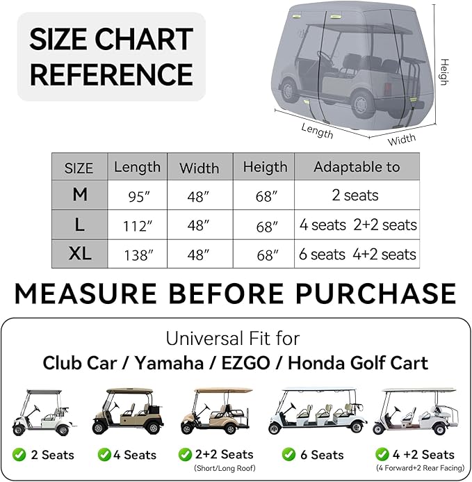 800D Waterproof Golf Cart Cover 2/4/6 Passenger, Heavy Duty Solution-Dyed Polyester UPF 50+, Universal Fits for EZ GO Yamaha Club Car