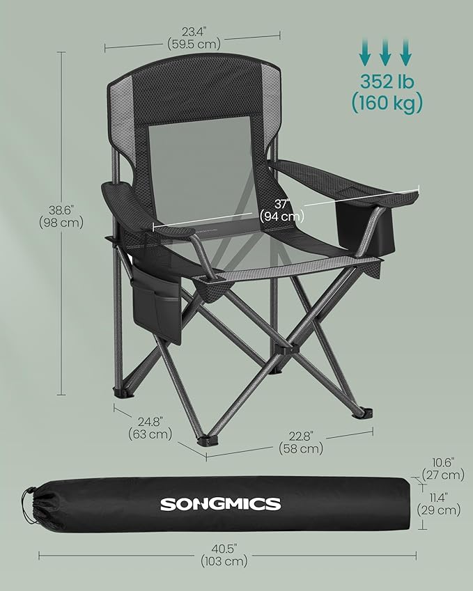 SONGMICS Camping Chair, Folding Lawn Chair with Cooler Bag, 352 lb Weight Capacity, Adjustable Armrests with Cup Holder, Storage Bag, Breathable Nylon Mesh, for Sports Games, Ink Black UGCB060B01