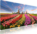 Wknoon. Extra Large Gaming & Office Mouse Pad (31.5" x 11.8") with Durable Stitched Edges – Vibrant Tulip Fields Flowers in Full Bloom and Traditional Windmills at Sunset, Extended XXL Desk Mat