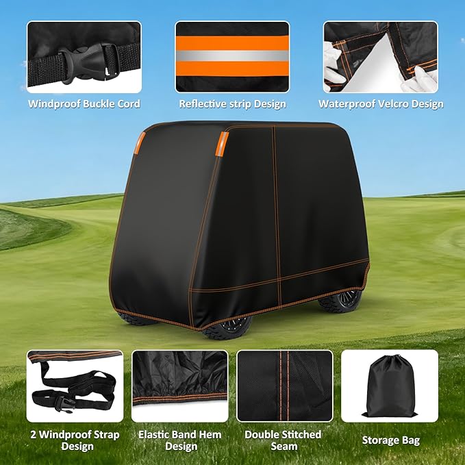 Falafa Golf Cart Cover 2 Passenger, Heavy Duty 420D Waterproof All Weather Protection, Universal Fit for EZGO Club Car Yamaha with Storage Bag & Reflective Strips