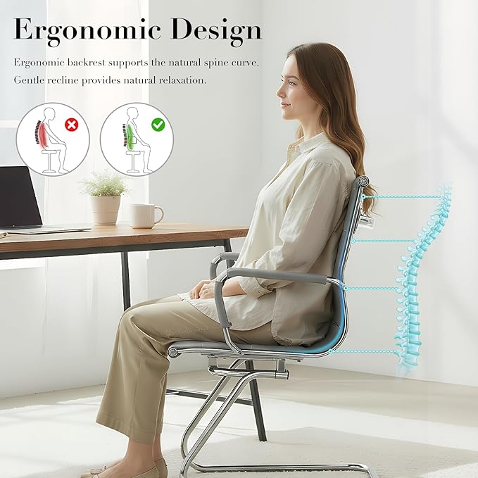 CIMOTA Waiting Room Chairs Leather Office Guest Chair Mid Back Reception Chairs with Sled Base for Meeting/Patient/Conference Room, Grey Set of 4
