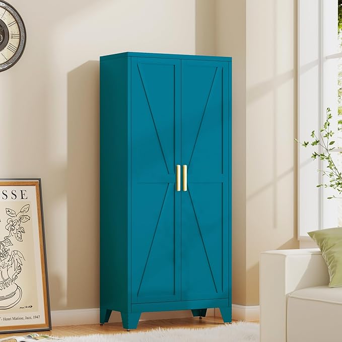 61H Metal Storage Cabinet with 2 Doors and Adjustable Shelves,Farmhouse Storage Cabinet with Barn Doors,Pantry Storage for Home,Office,Bathroom,Dining Room,Kitchen(Blue)