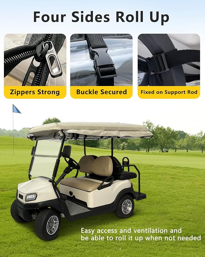 Golf Cart Enclosure 4 Passenger Extended Roof 88 inch for Club Car Tempo Precedent Onward,600D Clear Rain Cover Driving Enclosures,Full Roll Up 4 Sided Transparent Windows&Door Side Mirrors Openings