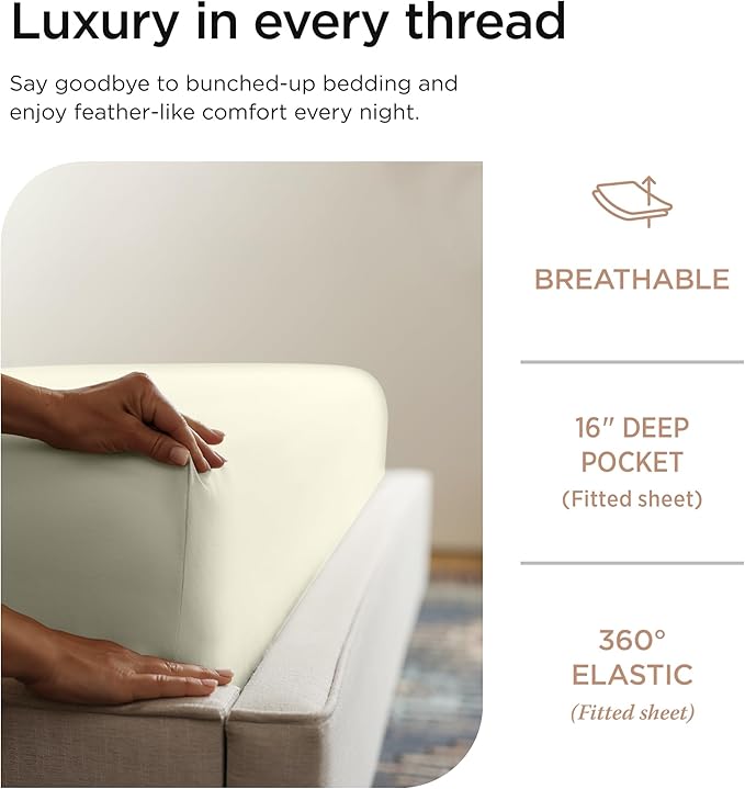 Threadmill Luxury 800 Thread Count Full Size 100% Cotton Sheets - Ivory Sateen Weave Bed-Sheets, Better Than Egyptian Cotton, 4 Pc Solid Bed Set, Fits 16" Deep Pocket