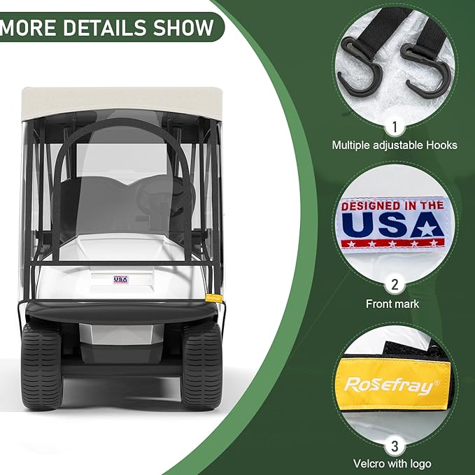 Rosefray Golf Cart Enclosure - 2+2 Drivable Rain Cover for Short Roof 58" EZGO, Club Car - Durable Door Zipper, 4-Sided Clear Windows (4 Seater)
