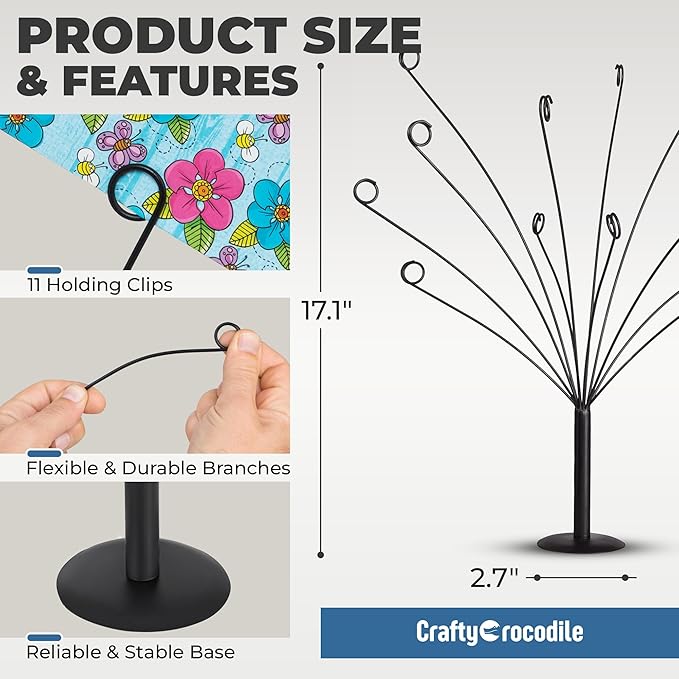 CraftyCrocodile Gift Card Tree Holder - Metal Display Stand with 11 Flexible Clips for Photos, Money, Lottery Tickets, Cards & Notes - Matte Black Finish