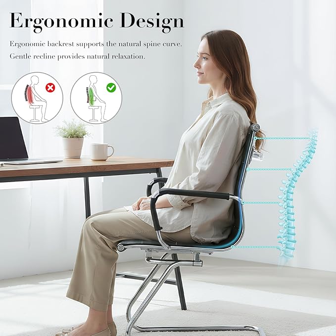 CIMOTA Waiting Room Chairs Leather Office Guest Chair Mid Back Reception Chairs with Sled Base for Meeting/Patient/Conference Room, Black Set of 2