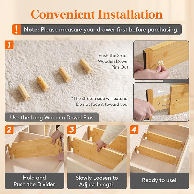 Lifewit 4 Pack 5" Deep Bamboo Drawer Dividers, 17.5-22" Expandable Drawer Organizers for Clothes, Adjustable Dresser Drawer Divider, Clothing Drawer Separators for Dresser, Bedroom, Bathroom, Kitchen