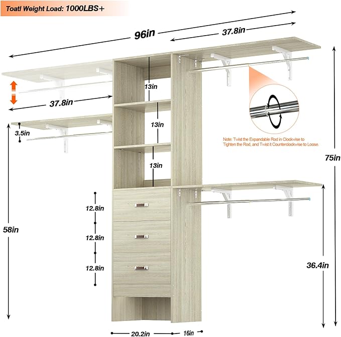 Armocity 96 Inches Closet System, 8FT Walk In Closet Organizer with 3 Shelving Towers, Heavy Duty Clothes Rack with 3 Drawers, Built-In Garment Rack, 96"L x 16"W x 75"H, Load 1000 LBS, White Oak