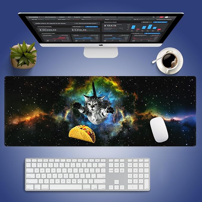 Extended XXL Gaming Mouse Pad with Stitched Edges for PC Home & Office - Curious Cat Flying Through Galaxy Space Reaching for a Taco Cute Kitten Funny Design, Smooth Fabric Surface Large Desk Mat