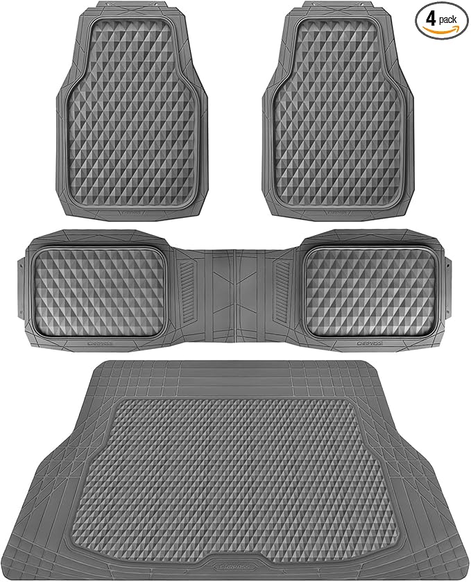 CAR PASS Heavy Duty Rubber Gray Car Floor Mats & Cargo Liners, Deep Dish All-Weather Trunk Mats Durable Anti-Slip 3D Rhombus Waterproof Trim to Fit Liner Universal Fit Auto,Sedan,SUV,Truck, Gray