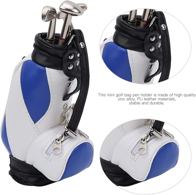 Golf Bag Pen Holder, Mini Desktop Zinc Alloy Golf Bag Pen Holder Set with Golf Pens Gift Souvenir for Golfers Office Decor (Blue White)