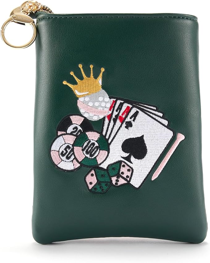 PINKTEE Golf Valuables Pouch Funny Golf Accessories Bag with Zipper Master Green Premiun Leather Golf Tee/Ball Pouch for Women Men (CASINO QUEEN, White stripe)