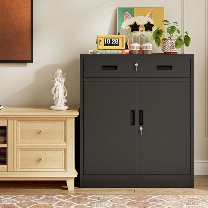 BESFUR Metal Storage Cabinet with Lockable Drawer and 2 Lockable Doors, 36"H Black Metal Cabinet with Adjustable Shelf, Locking Storage Cabinet for Home Office, Garage,School, Warehouse, Utility Room