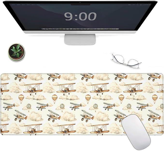 Vintage Aviation Pilot Large Gaming Mouse Pad,Retro Biplane Desk Mat,31.5x11.8x0.12in Extended Non-Slip Rubber Hot Air Balloon Mousepad,Computer Deskmat Gifts,Laptop Mice Pads Decor for Office