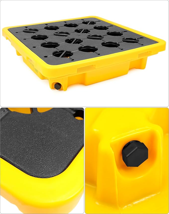 QWORK 1 Drum Modular Platform, 26 x 26 x 5.9 inches Drum Spill Containment Pallet, 2,000 lbs. Load Capacity Containment Tray Spill Containment Platform, Polyethylene Spill Pallet, Yellow