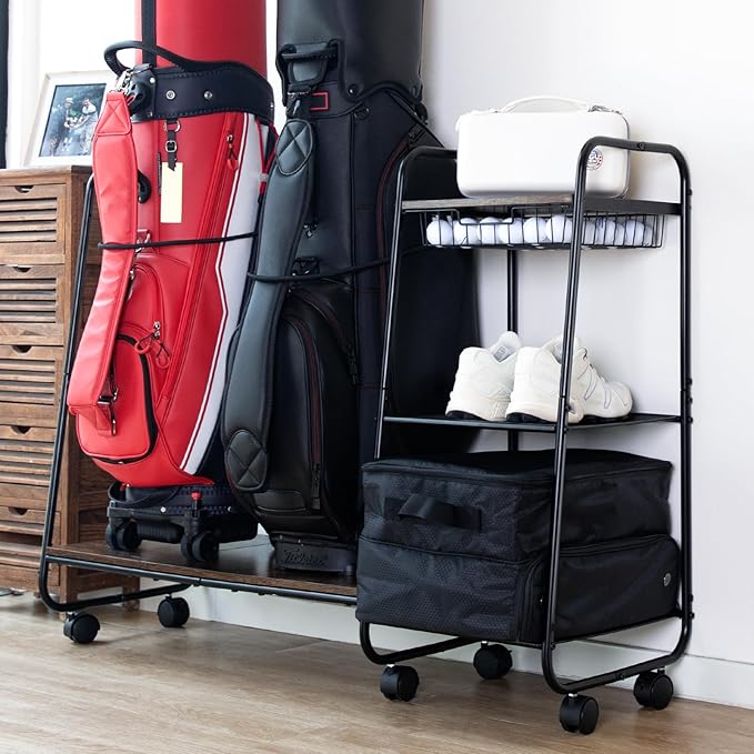 Golf Bag Storage Organizer for Garage, Large Size Adjustable Golf Bag Rack Stand with Wheels & Feet for 2 Bags, Golf Trunk Organizer, Golf Equipments Accessories, Golf Gift for Men Golfer