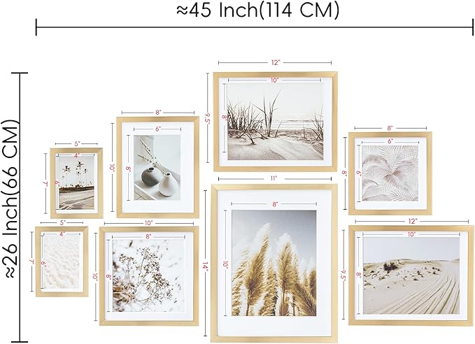 ArtbyHannah Gallery Wall Frame Set, 8 Pack Picture Frames Collage Wall Decor with Neutral Pampas Grass Art for Living Room, Assorted Size Including 11"x14", 8"x10", 5"x7"(Gold Frame)