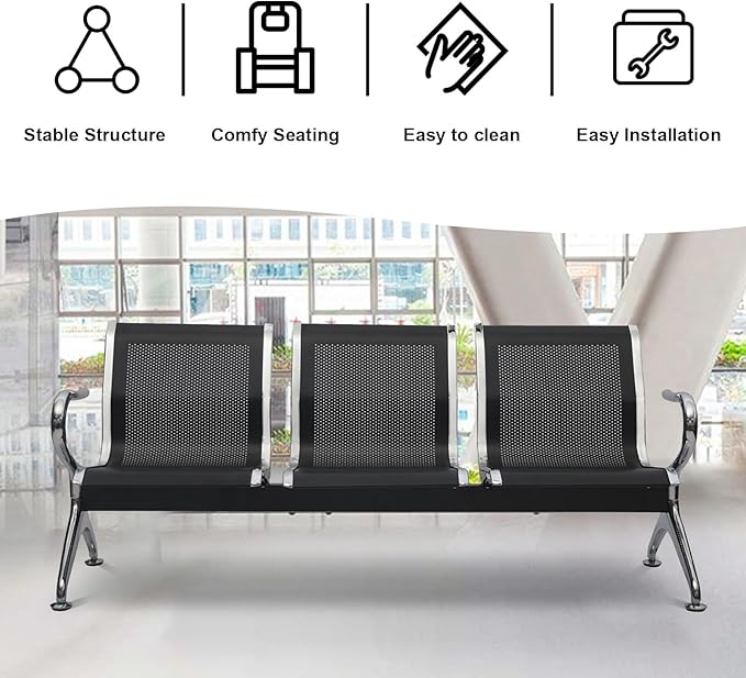 kinbor Waiting Room Chairs - Durable Black Reception Bench with Armrests, 3-Seat Office Reception Guest Chairs for Office, Hospital, Airport, Bank & Lobby (Set of 2)