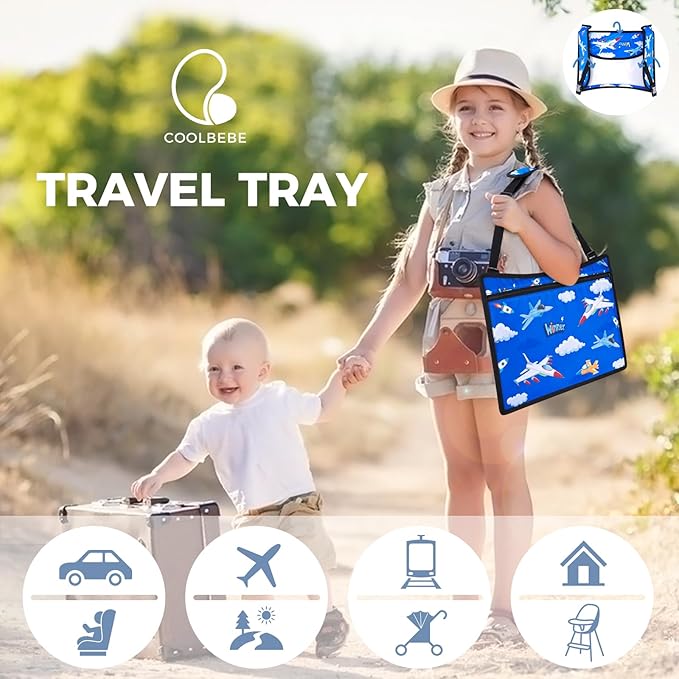 COOLBEBE Kids Travel Tray for Toddler Car Seat, Travel Tray for Airplane, Toddler Car Seat Lap Tray, Carseat Table Tray for Kids Travel Activities (Blue Plane)