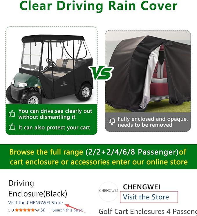Golf Cart Enclosure 2 Passenger for Ezgo TXT RXV,600D Clear Rain Cover Driving Enclosure 2 Seater,Roll Up 4 Sided Transparent Windows&Door Heavy Duty Zipper,Side Mirrors Openings Winter enclosures