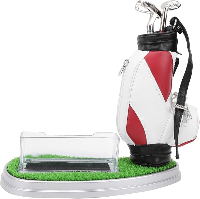 Golf Bag Pen Holder with Clock, Mini Golf Desk Decoration Set, Includes 3 Golf Ballpoint Pens and Card Case Kit, Perfect Golf Gift for Office or Club Match