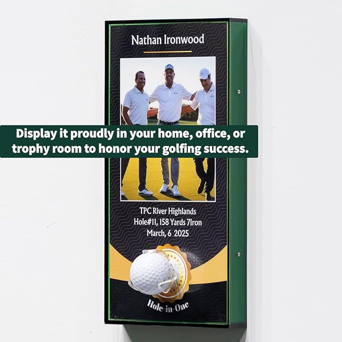 Green Acrylic Perfect Shot Golf Ball Display Case Frame, 6.3x12.2 Inch Vertical Design with Custom Name, Photo, and Details, Art Print Background, Acrylic Ball Holder (Golf Ball Not Included)